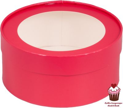 Коробка шляпная КРУГЛАЯ КРАСНАЯ с окном, диаметр 16см h7см