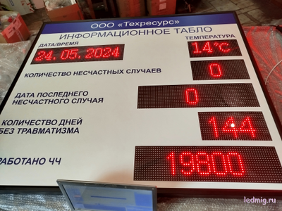 Электронное табло число дней без травм, несчастных случаев / отработано ЧЧ время, t 1300-1520