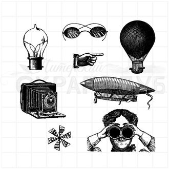 Набор штампов Стимпанк - дирижабль, очки, лампочка, рука, фотоаппарат, воздушный шар