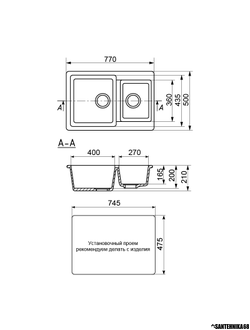 Мойка из искусственного мрамора MIXLINE ML-GM30 двухчашевая 500*770*200мм