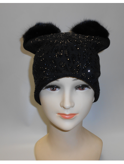 Шапка вязаная трикотажная с ушками из норки женская , черная арт. Ц-0241
