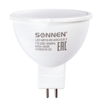 Лампа светодиодная SONNEN, 5 (40) Вт, цоколь GU5.3, холодный белый свет, 30000 ч, LED MR16-5W-4000-GU5.3, 453714