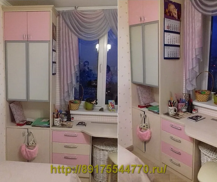 002 Шкаф и стол в детской комнате.
Фасады ЛДСП Egger:
- Фламинго розовый U363, структура ST9;
- Бежевый песок U156, структура ST9;
и рамочный фасад с матовым стеклом.