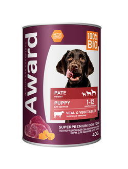 Влажный корм AWARD для щенков от 1 месяца паштет из телятины с овощами 400г