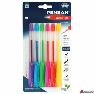 Ручки гелевые PENSAN «Neon Gel», НАБОР 6 ЦВЕТОВ, узел 1 мм, линия письма 0,5 мм. 143839