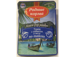 РОДНЫЕ КОРМА 70 г заморские паучи для кошек тунец с сибасом в желе по-тайски