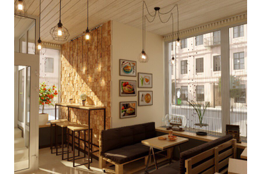 Визуализация помещения кафе (вид 2). По данной визуализации требовалось изготовить стеновые панели из массива дуба "Квадратики пиксели" и выкрасить их таким образом, чтобы сходство с визуализацией было максимальным. 