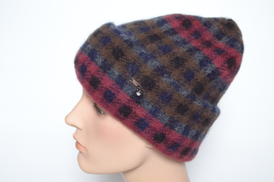 Шапка в клетку вязаная женская с отворотом Vizio Италия 6944 CRY бордовая