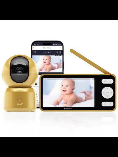 Wi-Fi видеоняня Ramili Baby RV1500GOLD с повышенной дальностью (монитор-камера до 300 м), монитор 5" и 1 поворотная видеокамера, просмотр через мобильные устройства по сервису р2р, DVR, Full HD 2 Mp