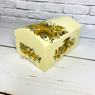 Деревянная шкатулка сундучок Белая 120*80 мм для украшений с росписью Хохлома