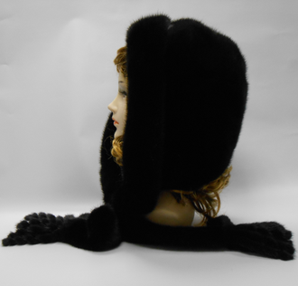 Шапка женская норковая Капюшон  капор  с шарфом натуральный мех , зимняя, черный арт. Ц-0240