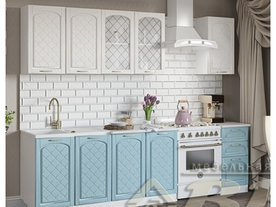 Кухня Милана 1,8м со стеклом белый, сандал белый,голубая патина, антарес