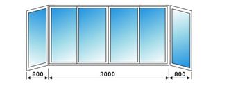 Остекление балкона в шириной 3 метра, П- образный, алюминиевыми окнами