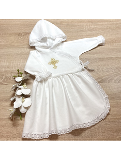 Тёплое крестильное платье с капюшоном и запахом "Нарядница" из фланели. Размеры на 62, 68, 74, 80, 86 рост (в см), можно вышить любое имя