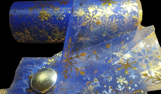 Фатин "Снежинки" цвет-синий с золотыми снежинками, длина 1 м, ширина 15 см