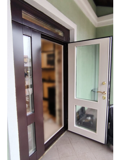 №55. входная стальная 1,5 - створчатая дверь с фрамугой. профильная конструкция с 5 стеклопакетами.