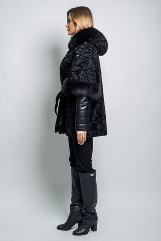 Шуба куртка  с капюшоном женская каракуль трансформер натуральный мех   зимняя    арт. ц-001