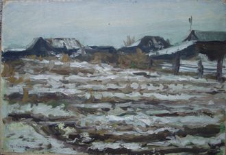 Слюсарев И.К. Огороды 1936 б.м. 44Х64 Деревенский пейзаж (265/13)