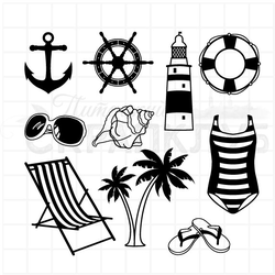 Набор морских штампов - волны, маяк, шезлонг, шлепанцы, купальник, очки, пальма, мороженое