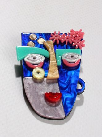 Брошь "Лицо абстракция" синяя акрил