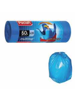 Мешки для мусора 60 л, с ушками, синие, в рулоне 20 шт., ПНД, 14 мкм, 60х77 см, PACLAN "Multitop", 402092