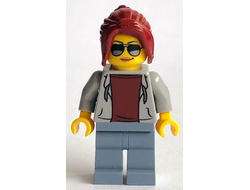 Race Marshal - Female, Light Bluish Gray Hoodie over Dark Red Shirt, Sand Blue Legs, Dark Red Ponytail Long with Side Bangs, Sunglasses and Peach Lips, n/a (sc075)