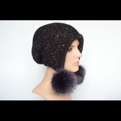 Шапка ушанка с помпонами черная вязаная Vizio Италия 8022