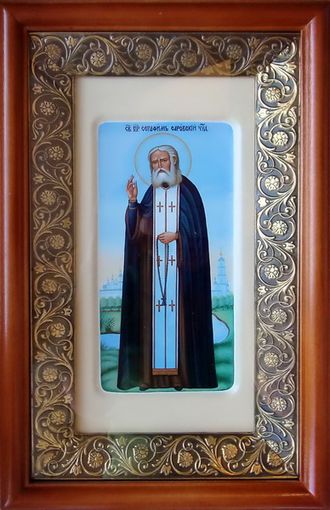 Серафим Саровский, святой преподобный. Рукописная икона 13х25см в киоте.
