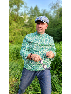 Русская рубашка "Сорочица"  мужская, с зеленым принтом