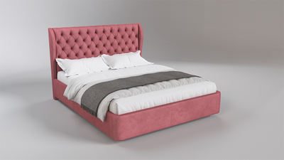 Современная дизайнерская кровать Леон, мягкое высокое изголовье, катерная стяжка, фанера, усиленная металлом, с подъемным механизмом и бельевым ящиком