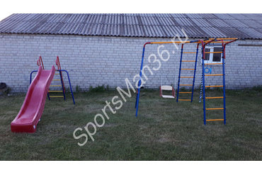 УЛИЧНЫЙ ДЕТСКИЙ СПОРТИВНЫЙ КОМПЛЕКС СЕРИИ «ЮНЫЙ АТЛЕТ»: Качели (цепной подвес, подшипниковая опора), Кольца с перекладиной, Канат трехцветный, Турник регулируемый + подставка для детской горки + скат S-line 3 м красный