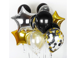 "Для него" (комплект включает в себя три фольгированных звезды, пять обычных латексных шаров, три шара с конфетти и оформление по желанию в фонтан).