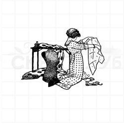 Винтажный штамп с портнихой у швейной машинки с выкройкой в руках