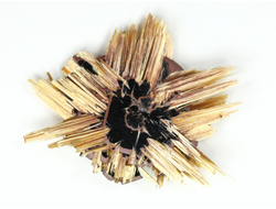 Редкость! Рутил свободного роста, сростки "звезды" золотистых игольчатых кристаллов на кристаллах гематита, Бразилия (25*21*3,5 мм, 2,3 г) №37915