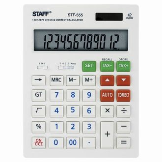 Калькулятор настольный STAFF STF-555-WHITE (205х154 мм), CORRECT, TAX, 12 разрядов, двойное питание, 250305