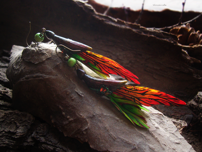 "Крылышки Саламандровой феи", длинные серьги из шёлка