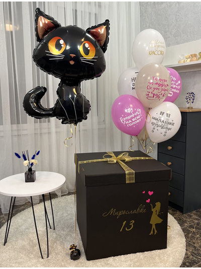 Коробка-сюрприз чёрная с 7 шарами внутри и котёнком