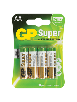 Батарейки КОМПЛЕКТ 4 шт., GP Super, AA (LR06, 15А), алкалиновые, пальчиковые, блистер