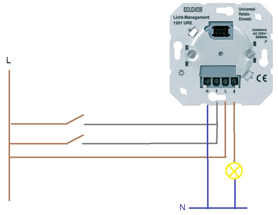 Схема подключения релейной вставки JUNG 1201URE