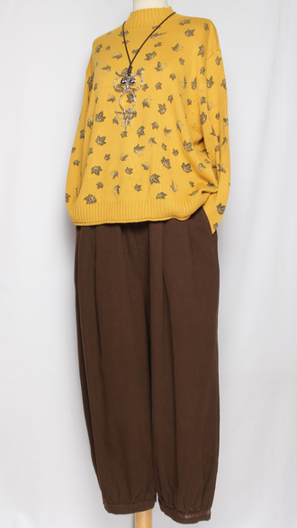 Брюки Бохо хлопок "Бананы с защипами" шоколад р.48-52