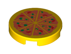 Tile, Round 2 x 2 with Bottom Stud Holder with Pizza Pattern, Yellow (14769pb011 / 6102555)
