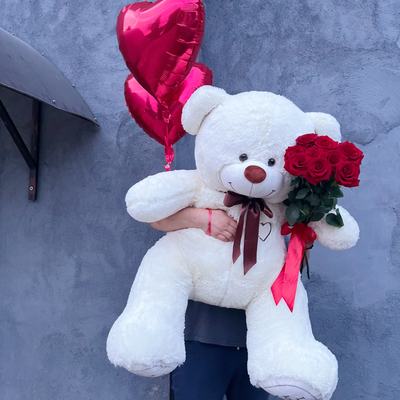 Подарочный набор №16 - Плюшевый мишка 160 см, Шары сердца 2, букет красных роз Эквадор