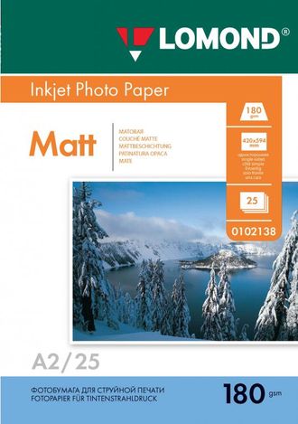 Матовая односторонняя фотобумага Lomond для струйной печати, A2, 180 г/м2, 25 листов.