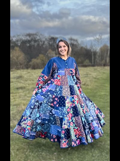 Лоскутное платье в русском стиле "Вечерний Звон" синий