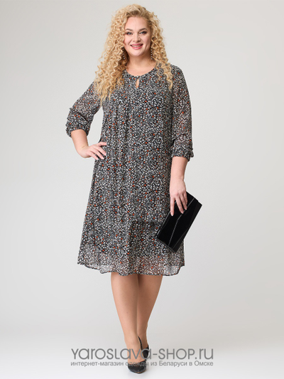 Платье из шифона серого цвета с белым цветочным принтом