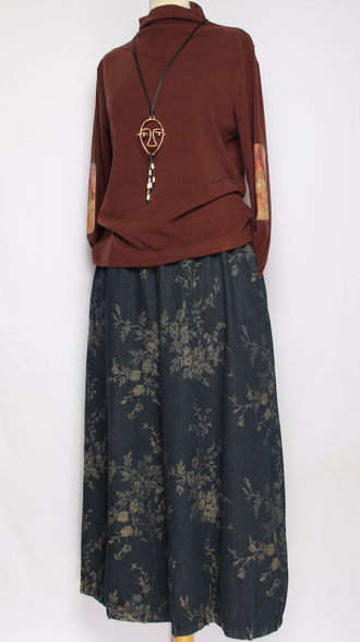 ЮБКА-БРЮКИ джинс-гобелен "ЗАЩИПЫ мелкий цветок" синяя р.46-54