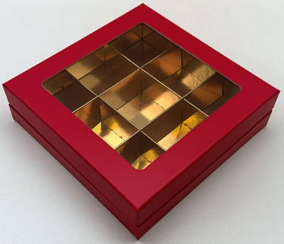 Коробка для 9 конфет ПРЕМИУМ с/о (красная мат./золото), 160*160*45мм