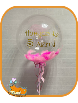 Большой прозрачный шар баблс с розовыми и малиновыми перьями