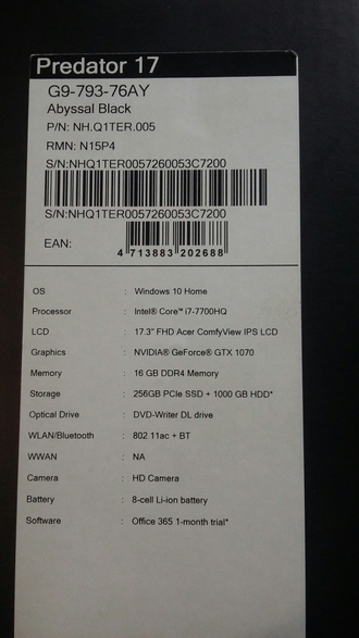Acer Predator G9-793-76AY ( 17.3 FHD IPS i7-7700HQ GTX1070(8GB) 16GB 1TB + 256SSD )