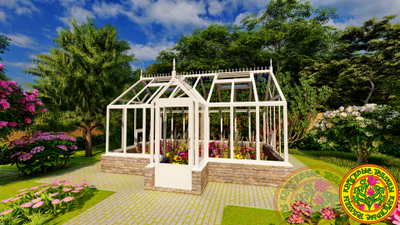 Базовая комплектация теплицы в английском стиле с холлом из стекала и алюминия ЕЛИЗАВЕТА L размером 5000 х 4000 мм